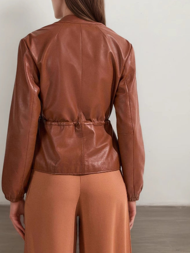 PU Drawstring Crop Coat Pleated Mid Weight Brown N5Z572