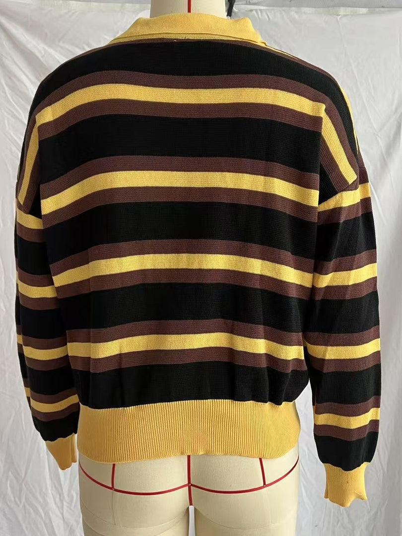 Color Block Stripe Polo Knit Pullover Oversized Lapel N6G146