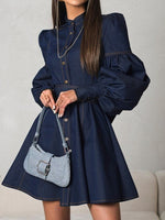 Load image into Gallery viewer, Denim Shirt Dress with Lantern Sleeve and Tie Belt  N6C194