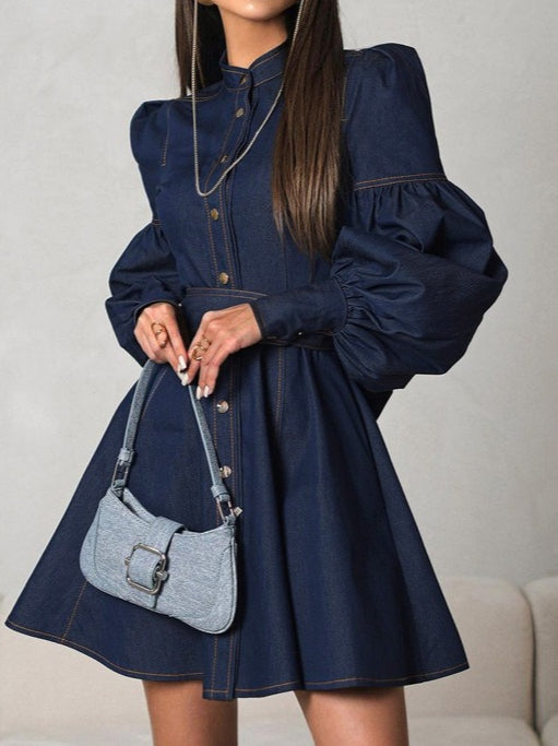 Denim Shirt Dress with Lantern Sleeve and Tie Belt  N6C194
