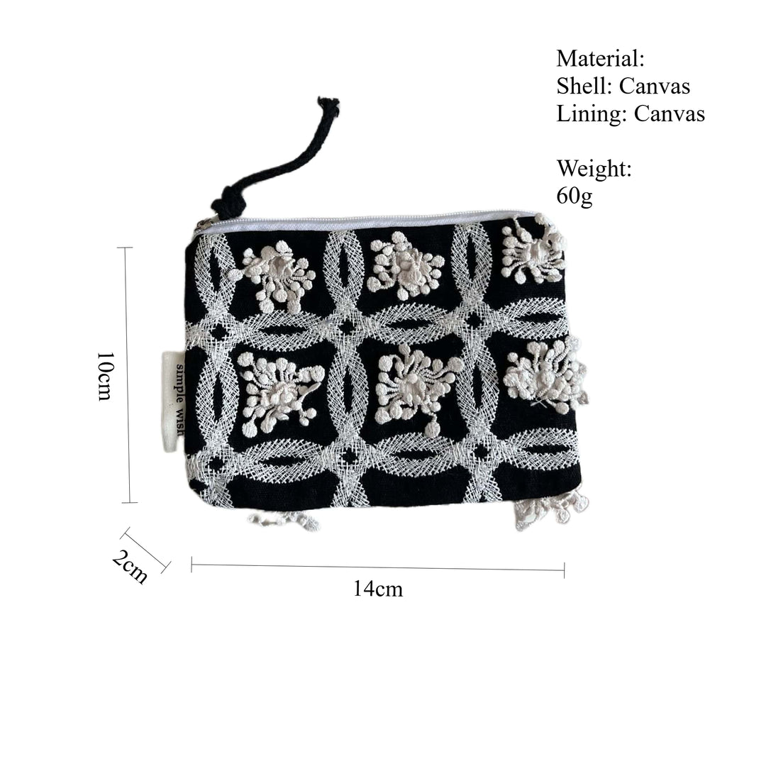 Black White Embroidered Canvas Zip Pouch S5P361