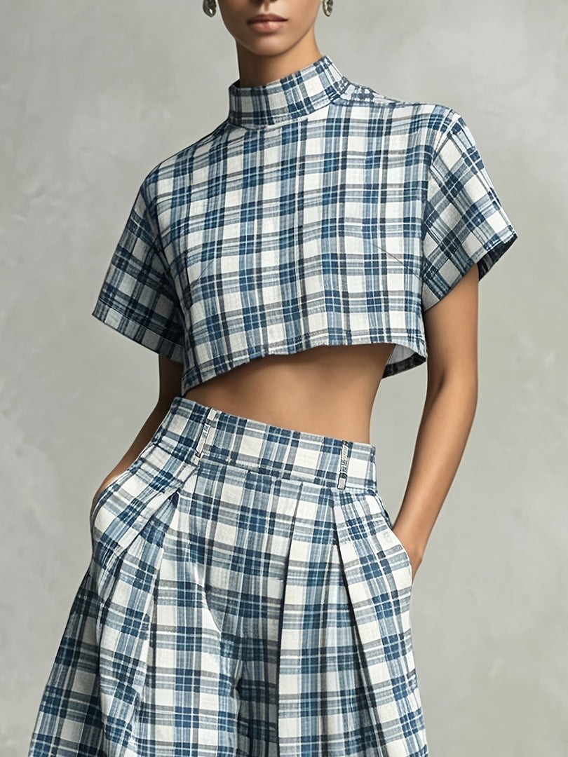 Check High Neck Crop Top and Wide Leg Pants Set  N6D105