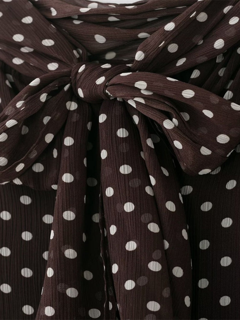 French Polka Dot Tie Front Blouse Women N6E144