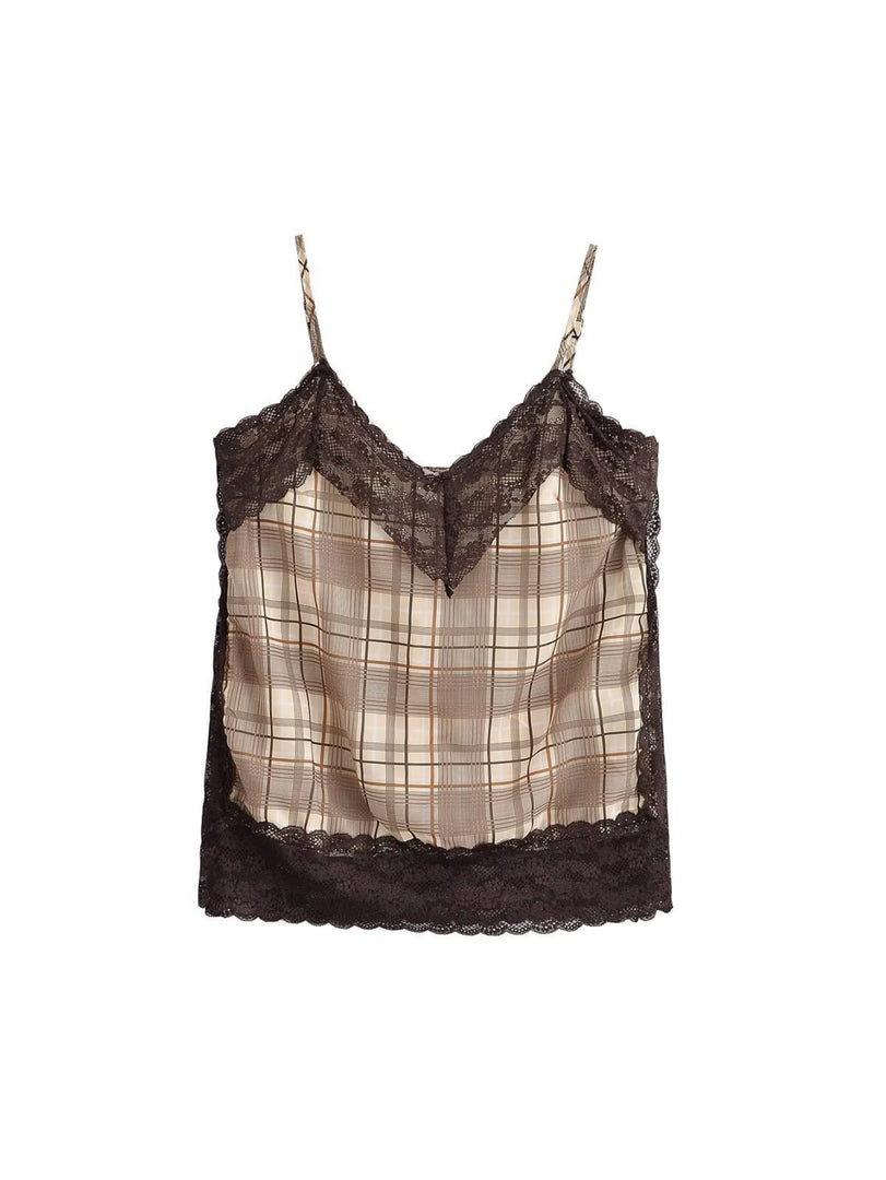 Lace Trim Striped Camisole Top Brown N6F206