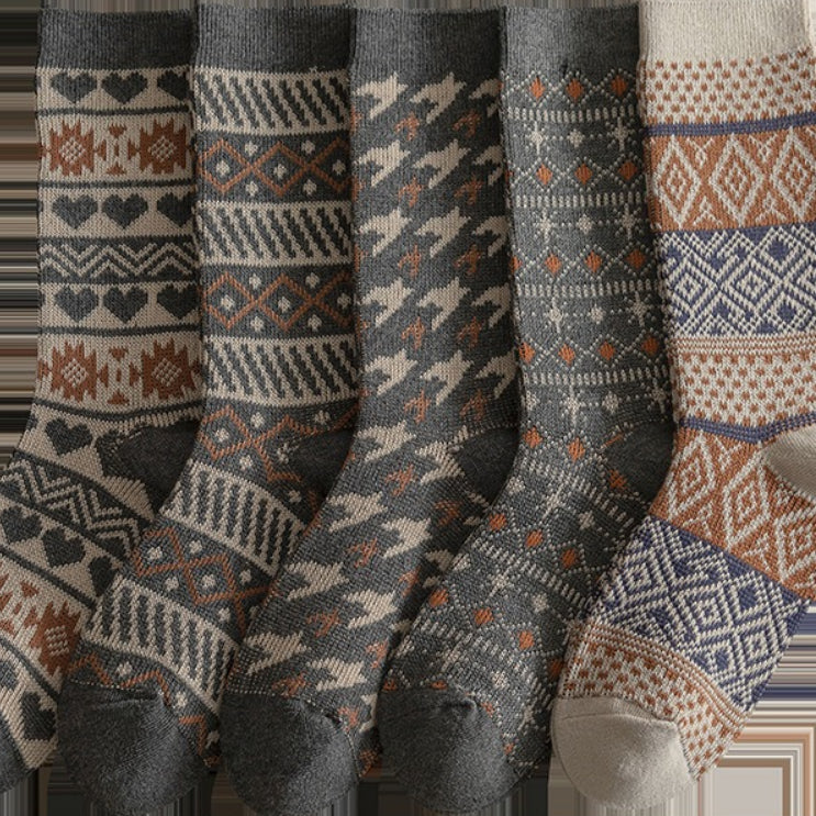 Vintage Ethnic Double Needle Thick Mid-Calf Socks N6H034