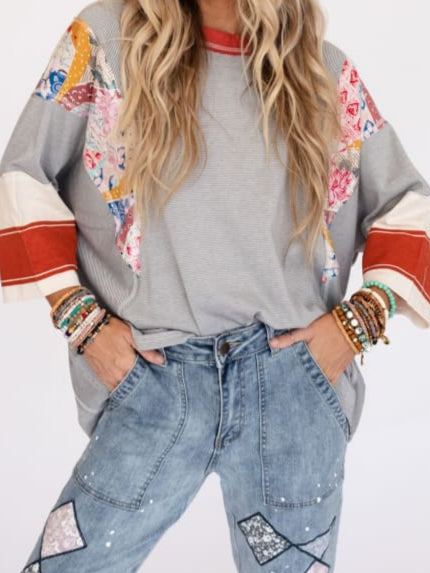 Color Block Print Cropped Sleeve Sweatshirt Women N5A259
