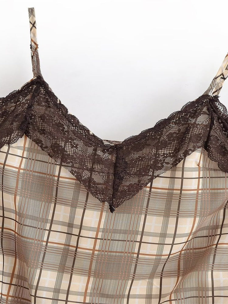 Lace Trim Striped Camisole Top Brown N6F206