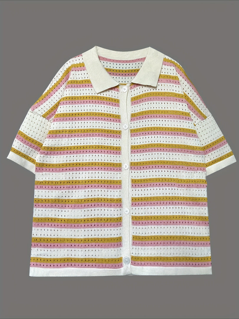 Knit Striped Lapel Short Sleeve Set Women N6D094