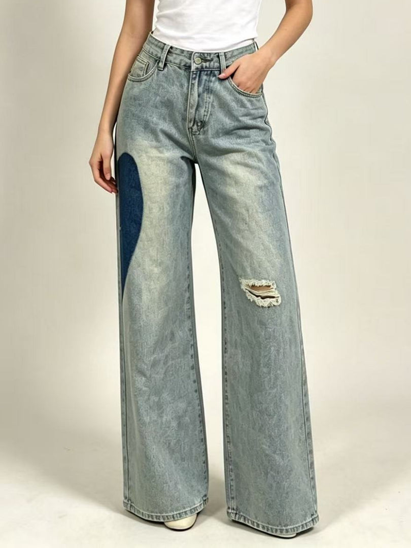 Patchwork Heart Detail Straight Leg Denim Jeans Women N6D163