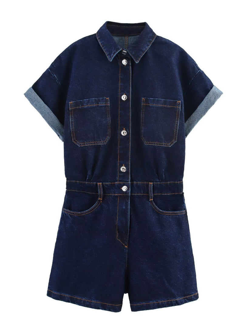 Pocket Detail Denim Short Jumpsuit N6F001