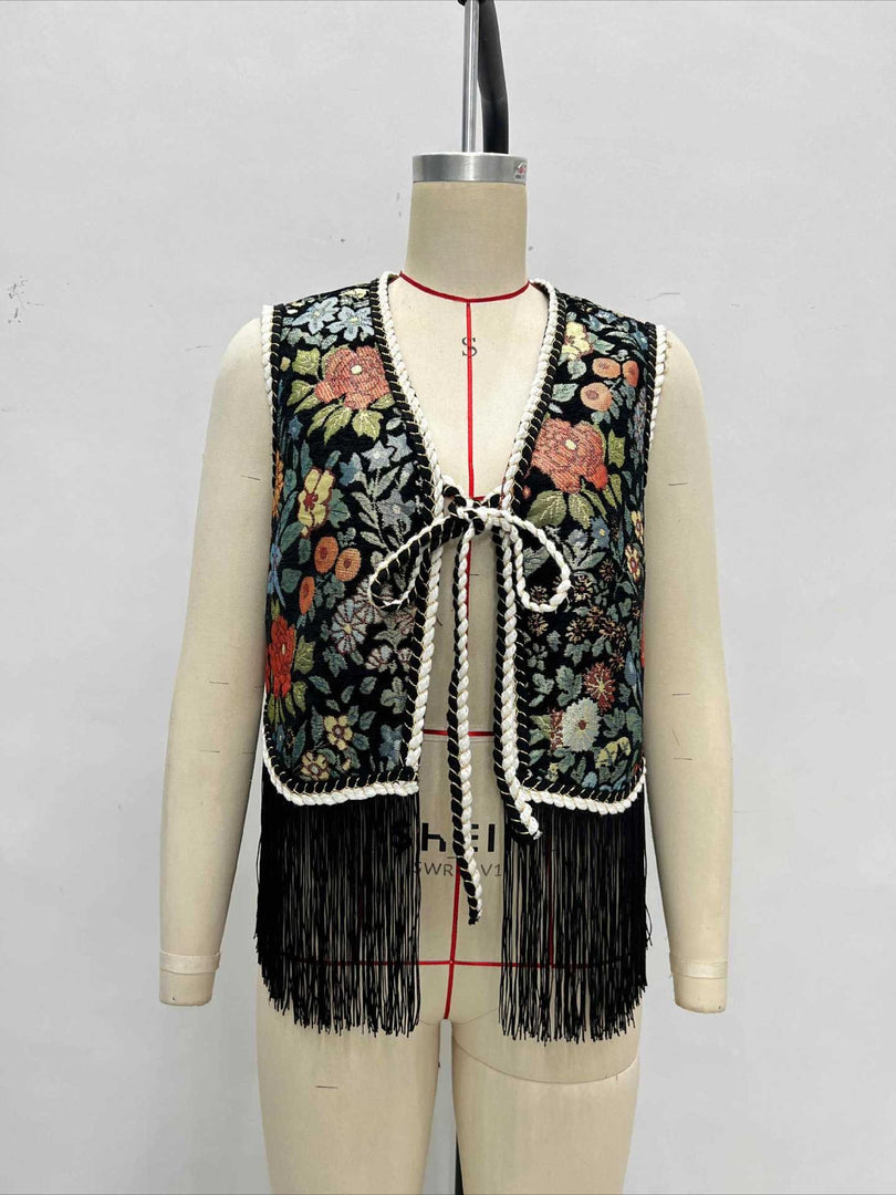 Floral Embroidery Fringe Vest Women N6D207