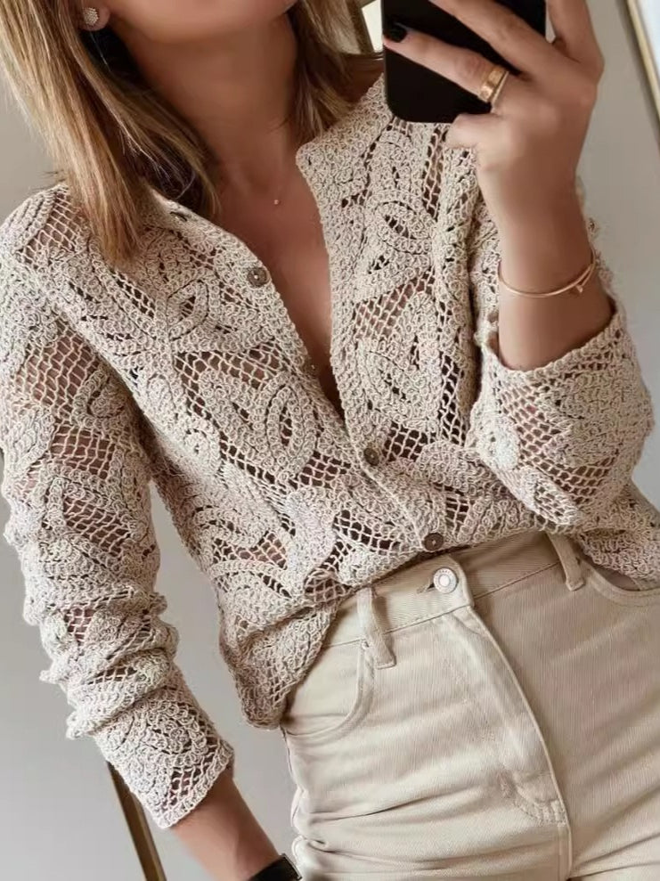 Women's Knit Hollow Out Button Top Commuter Style N6G267