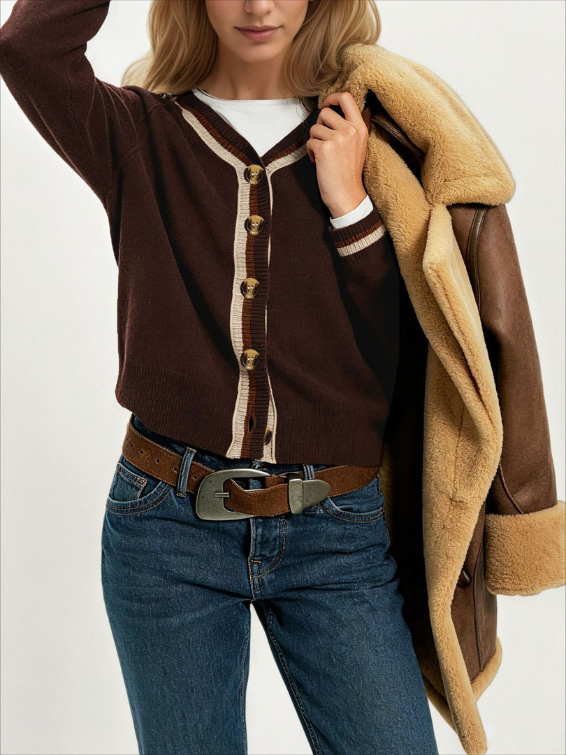 Color-Block V-Neck Long Sleeve Cardigan Women N6H289