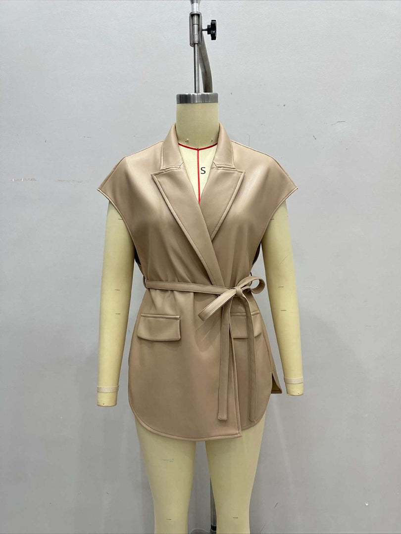 Sleeveless PU Vest Notch Lapel Belted Women N6G173