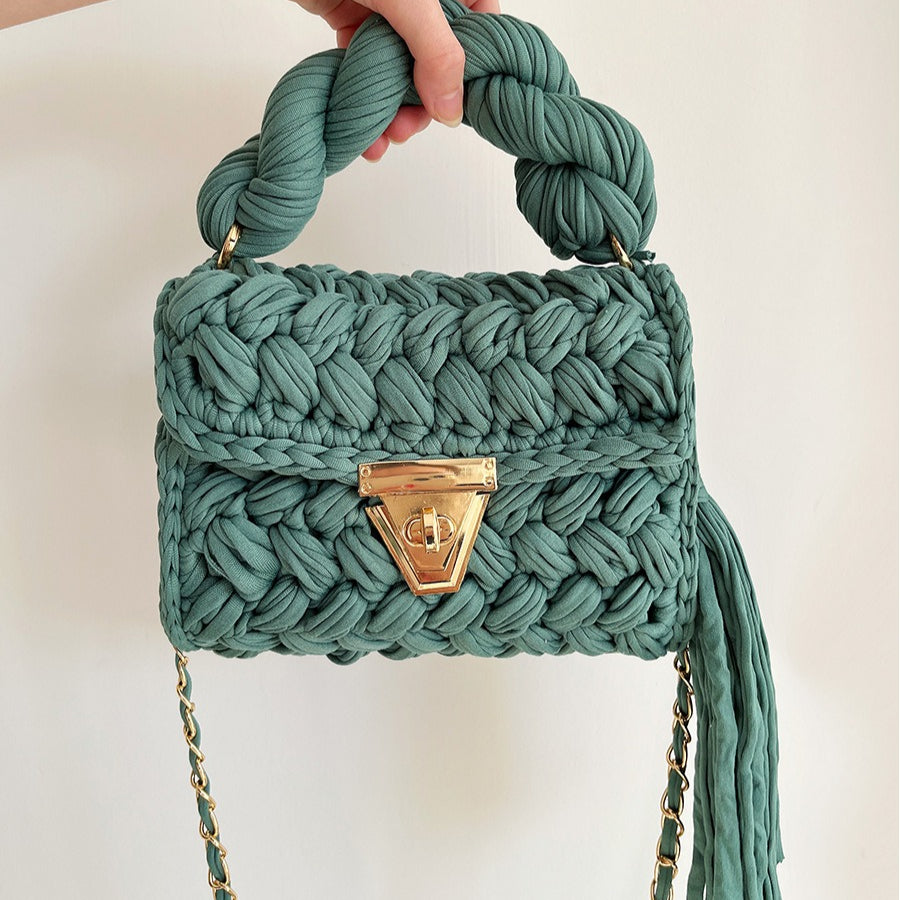 Handwoven Crochet Solid Shoulder Bag Tassel Purse N6F095