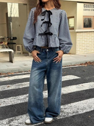 Gingham Bow Tie Open Front Blouse Women N6D133