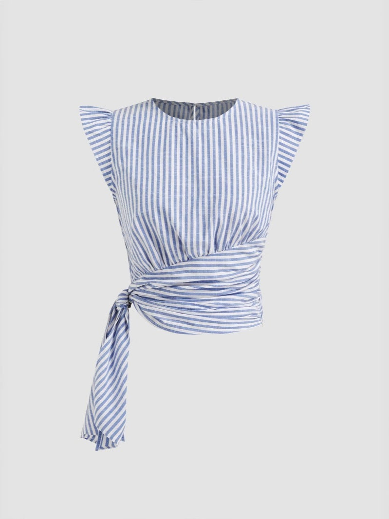 Blue Striped Round Neck Sleeveless Slim Crop Top N6F227
