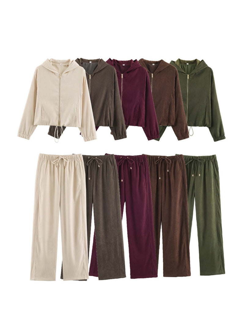 Drawstring Hooded Zip Jacket & Jogger Pants Set Women N6H128