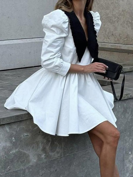 French Peter Pan Collar Black White Short Dress  N6C209