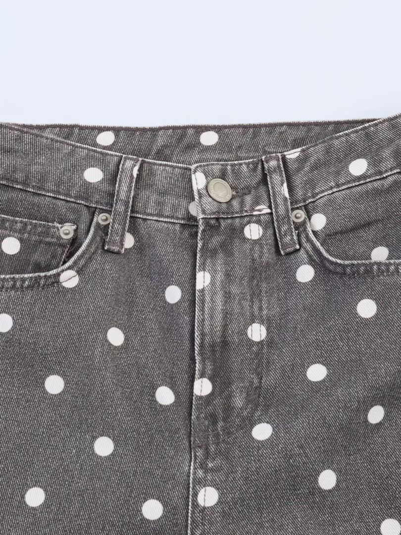 Gray Polka Dot Mid-Rise Loose Ankle Jeans N6F252