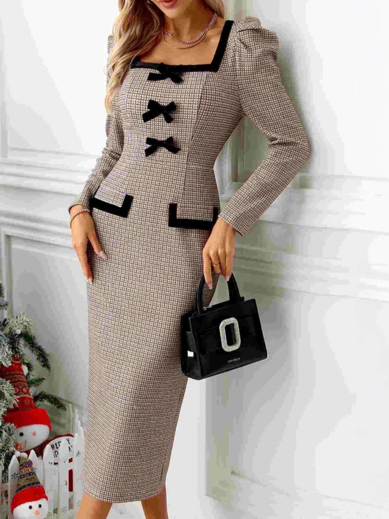 Plaid Belted Bodycon Knit Dress Women N5A081