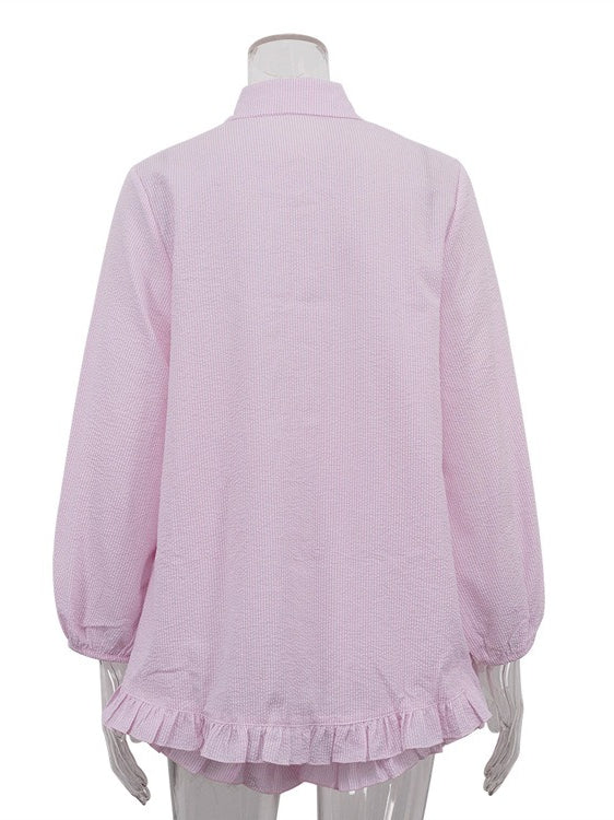Striped Puff Sleeve Lapel Shirt and Shorts Set Women N6C188