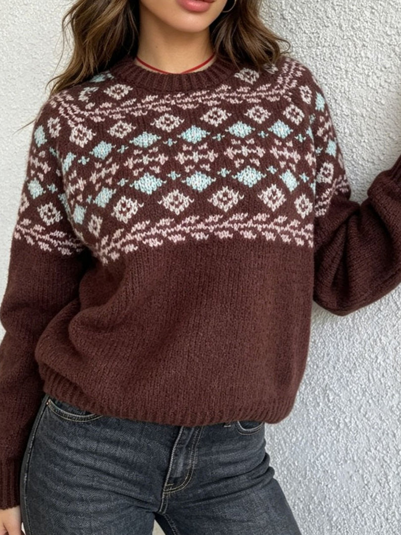 Oversized Drop Shoulder Retro Jacquard Knit Pullover N6G138