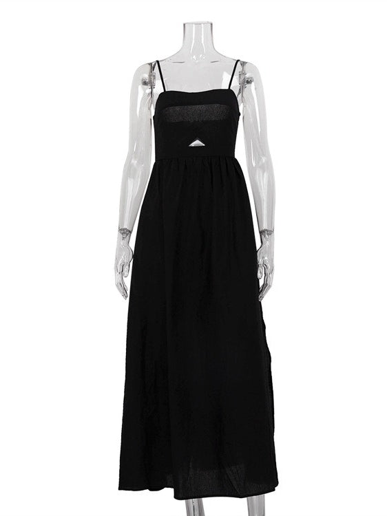 Black High Waist Spaghetti Strap French Midi Dress N6D090