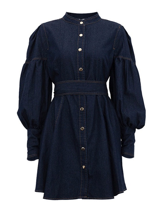 Denim Shirt Dress with Lantern Sleeve and Tie Belt  N6C194