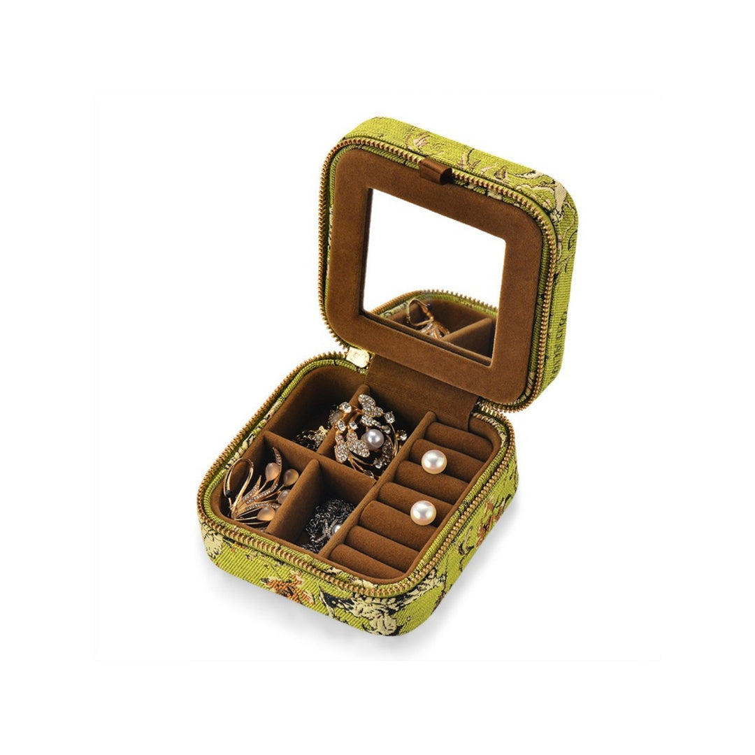 Jewelry Travel Organizer Pouch Green Gold Brocade N6E077