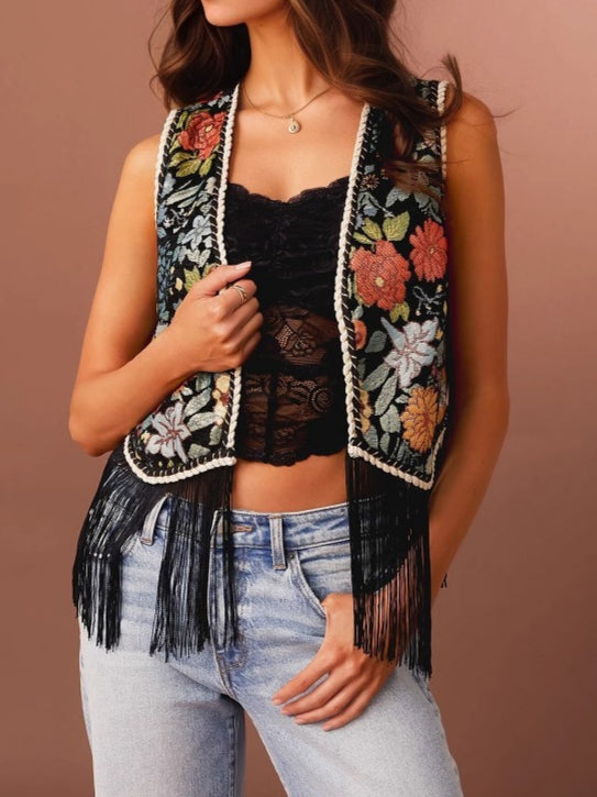 Floral Embroidery Fringe Vest Women N6D207