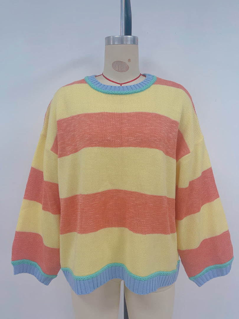 Color-Block Striped Loose Pullover Sweater Women N6H304