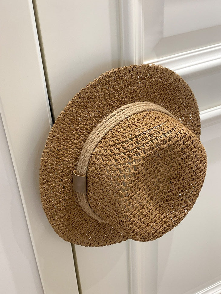 Openweave Flat Top Straw Hat French Retro Vacation N6C370