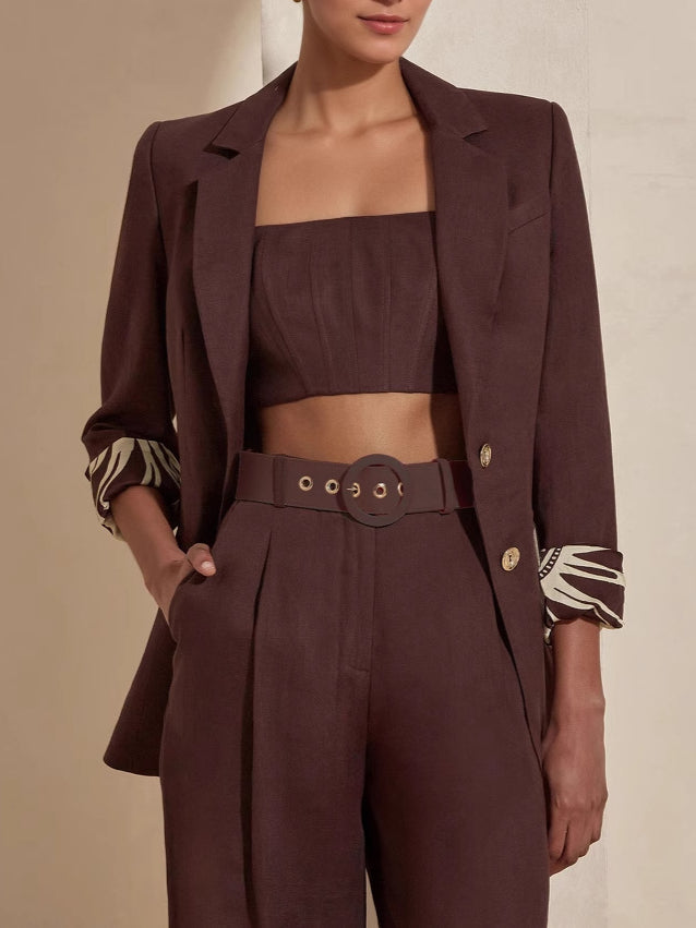Tailored Metal Buckle Pant Set   Dark Brown N5Z582