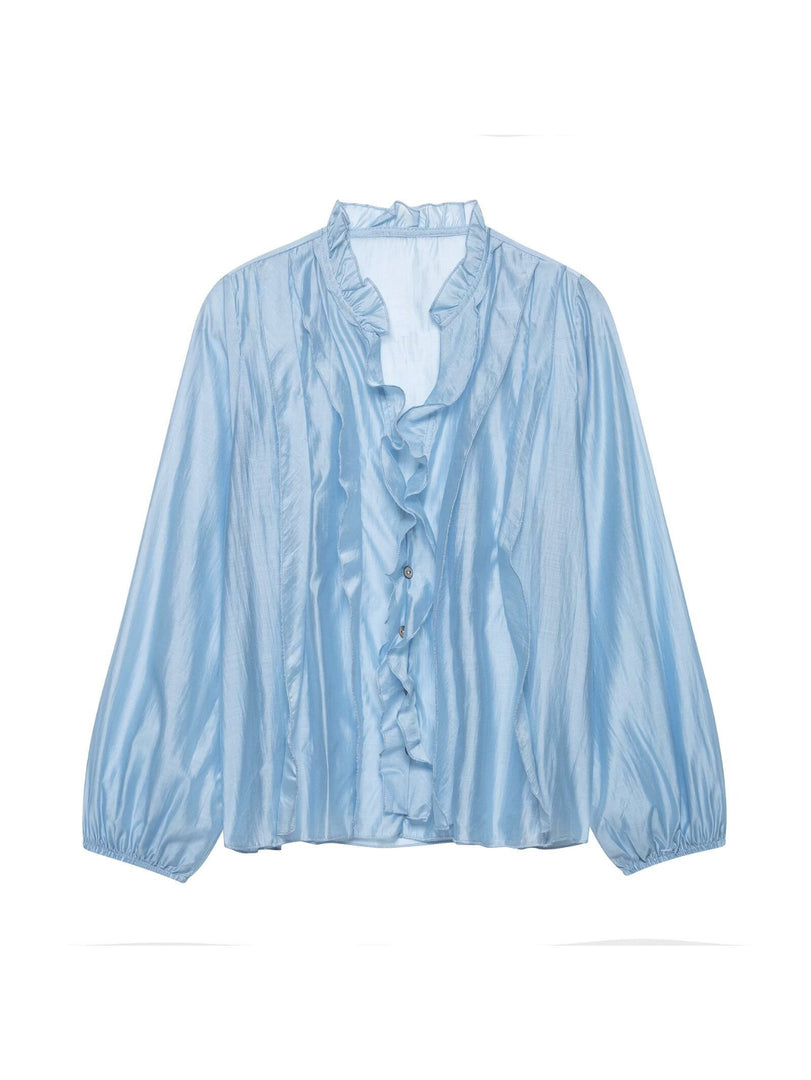French Polka Dot V-Neck Ruffle Blouse Women N6F191