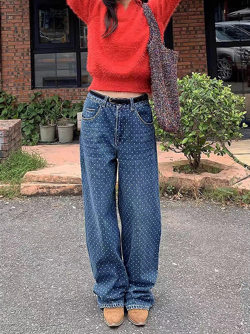 Polka Dot Straight Leg Denim Jeans Women N6F003