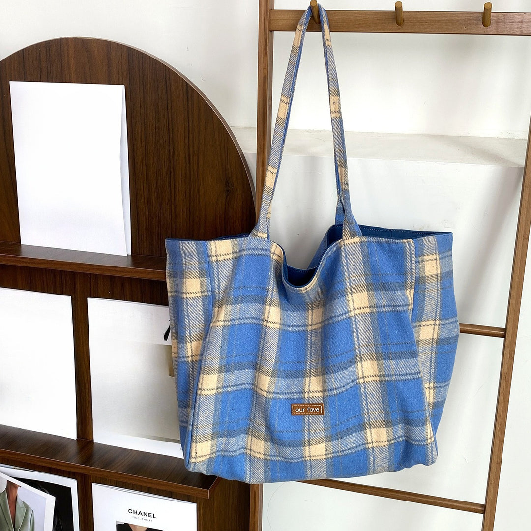 Women's Plaid Wool Tote Shoulder Bag N6J183