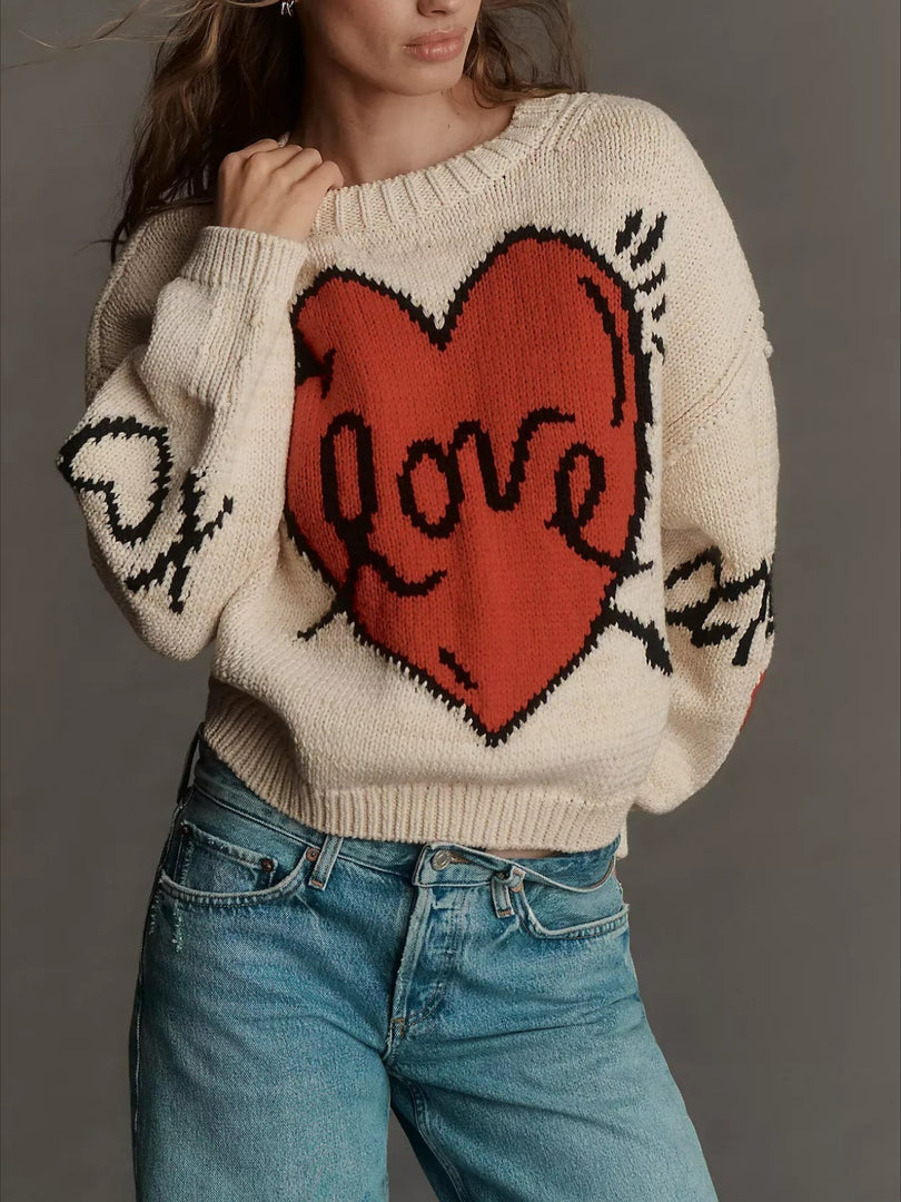 Heart Print Long Sleeve Round Neck Loose Knit Sweater N6H302