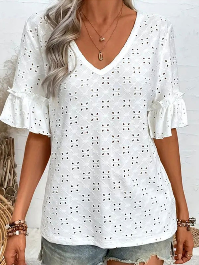 Knit Embroidered Cutout V-Neck Ruffle Top N6F194