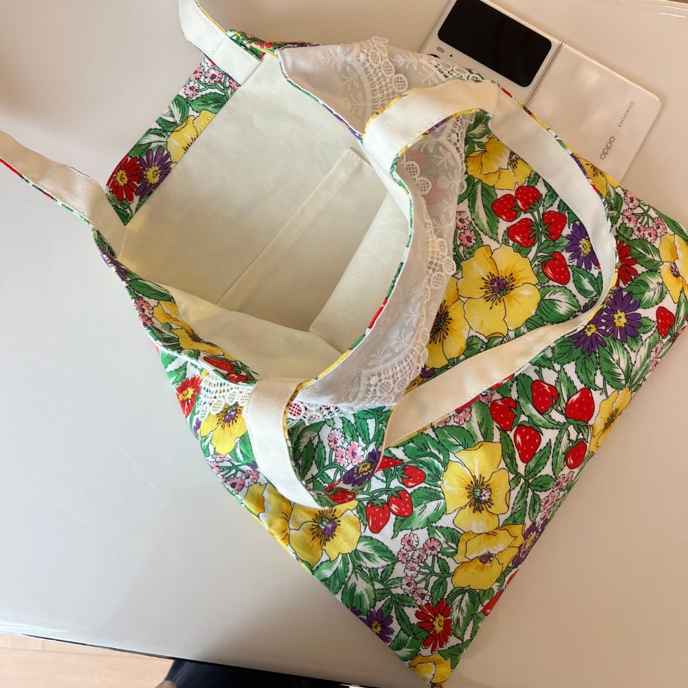 Lace Trim Floral Tote Bag Women Book Bag N6E035