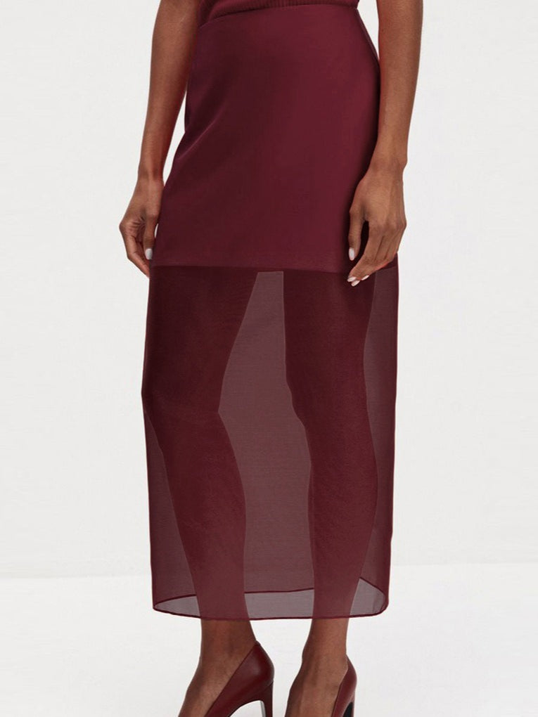 Double Layer Sheer Tulle Pencil Skirt High Waist Slit N6C195