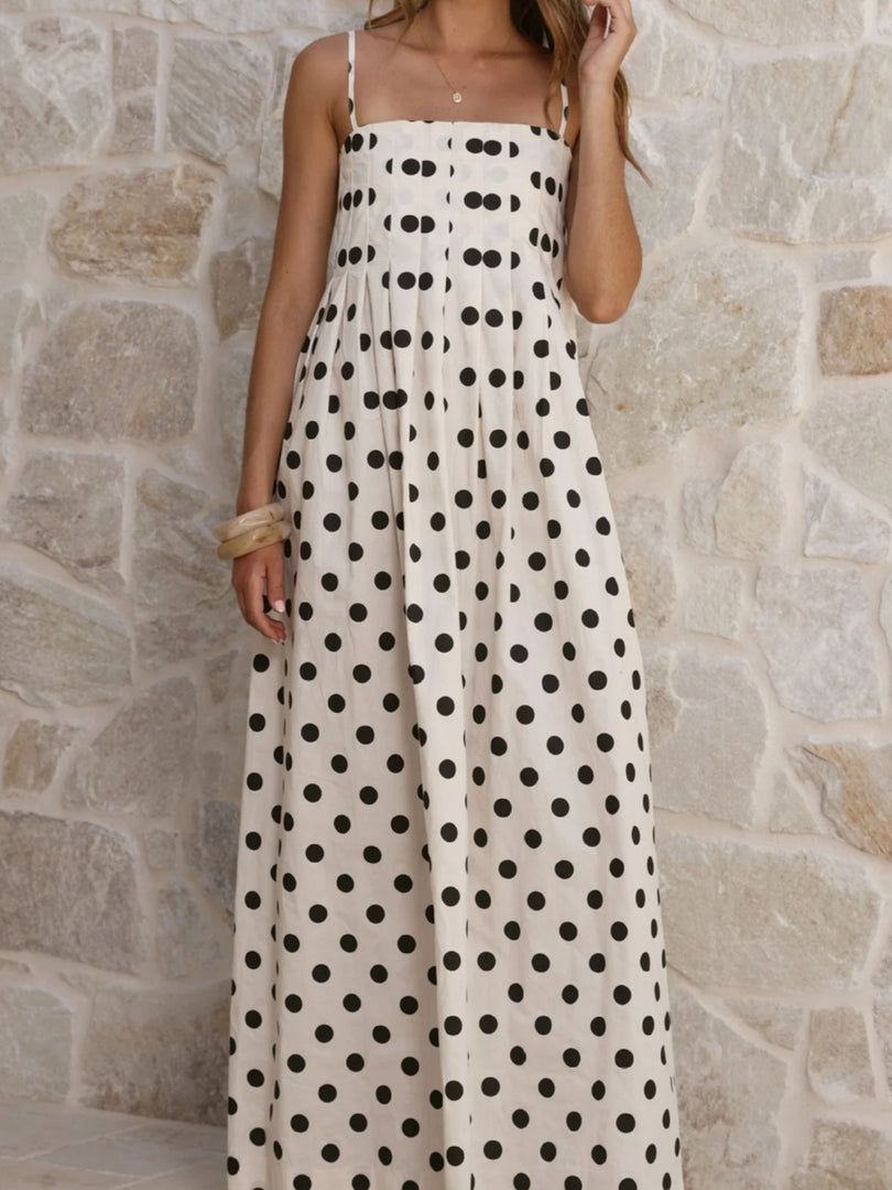 Polka Dot Pleated Midi Dress Sweet Spaghetti Strap N6F030