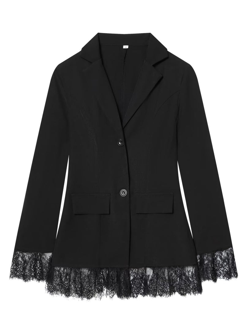 Lace Patchwork Waist Slim Blazer Women Black White N5A485