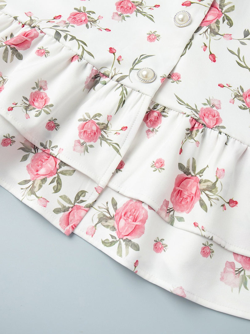 French V-neck Puff Sleeve Print Dress Women N6D072