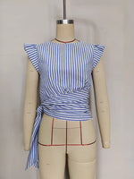 Load image into Gallery viewer, Blue Striped Round Neck Sleeveless Slim Crop Top N6F227