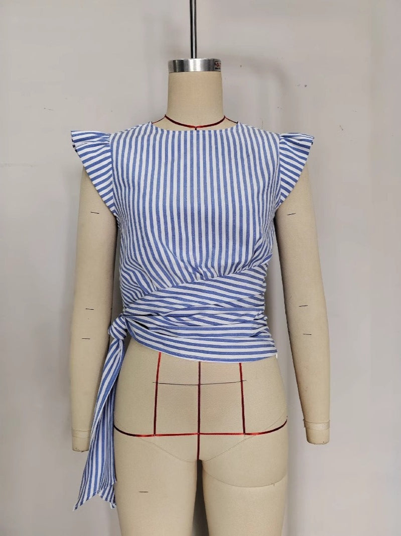 Blue Striped Round Neck Sleeveless Slim Crop Top N6F227
