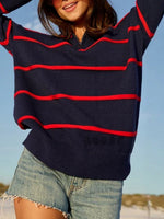 Load image into Gallery viewer, Striped Zip-Up Knit Pullover Women Round Neck N6G180