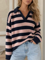 Load image into Gallery viewer, Color Block Striped Polo Collar Knit Pullover V-Neck N6G140