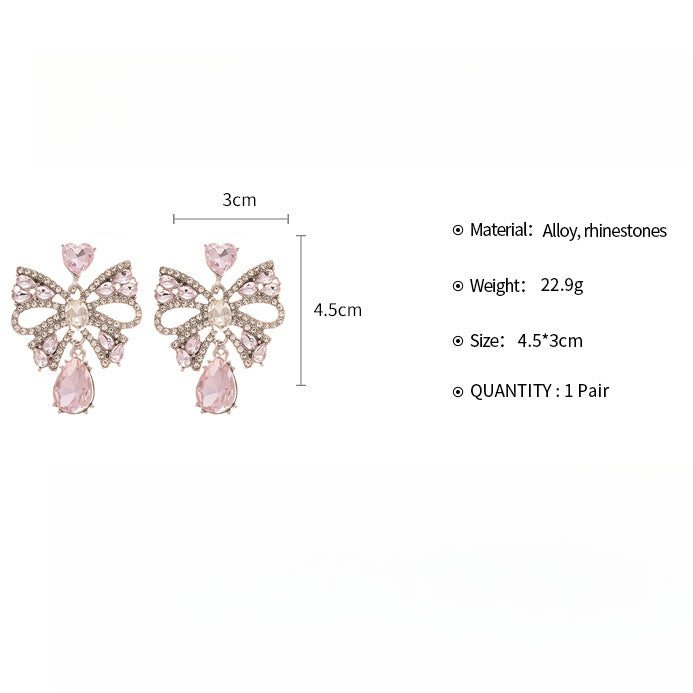 Bow Teardrop Earrings Alloy Prong-Set Crystals Silver S5P131