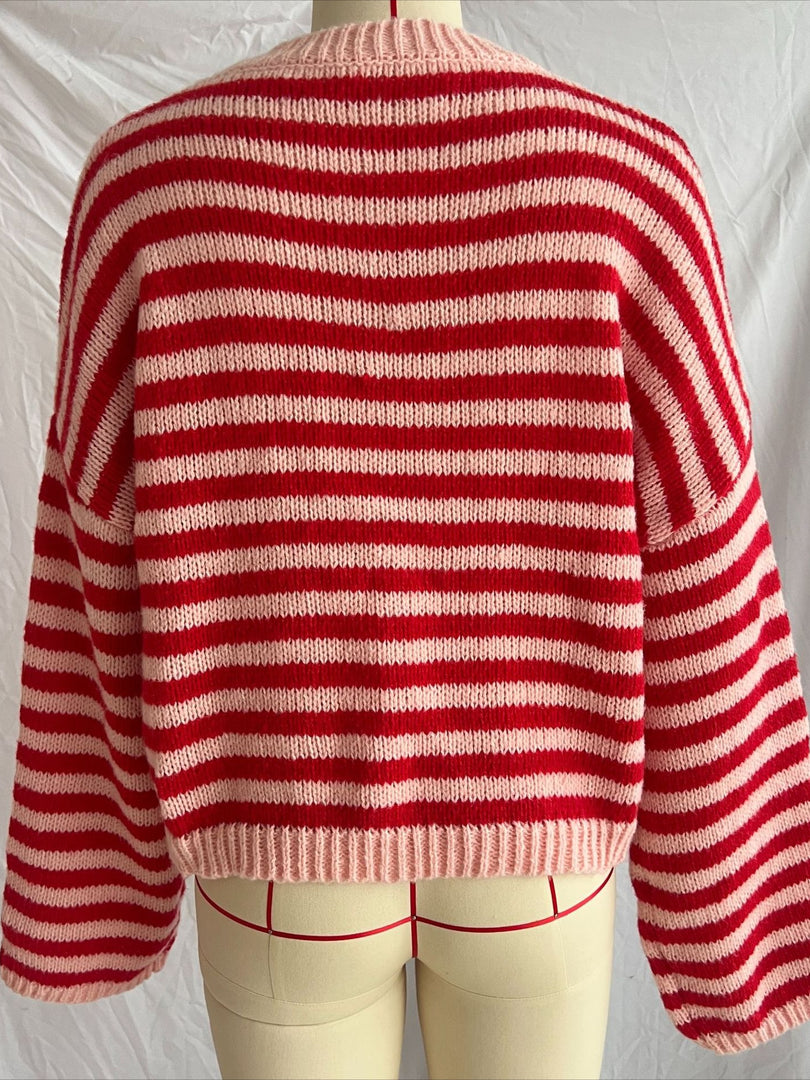 Color Block Stripe Knit Pullover Round Neck Retro N6G139